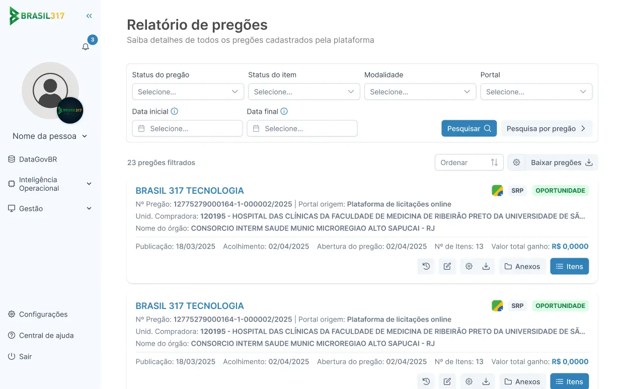 página de relatórios dentro da plataforma brasil317